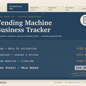 Könnte beinhalten: Eine digitale Tabellenkalkulation mit dem Titel Vending Machine Business Tracker von Tiger Sales Co. Die Benutzeroberfläche enthält Registerkarten für Collections Log, Machine List, Expense Log und Mileage Log sowie eine Übersicht der Finanzdaten.