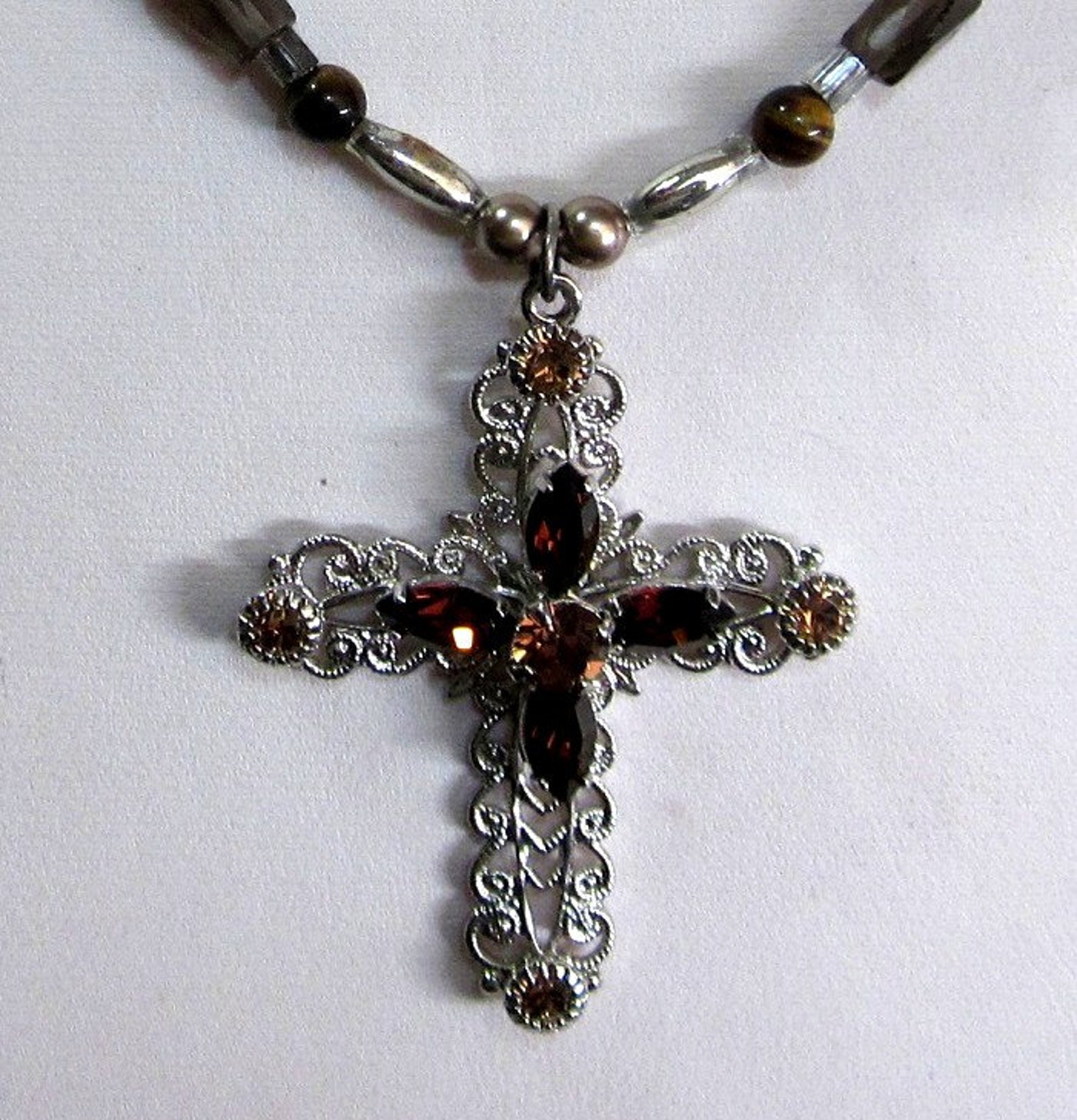 Topaz Swarovski Filigree Silver Cross on Beaded Necklace - Etsy