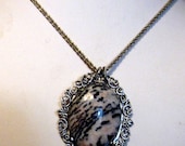 Pink and Black Milky Way  Feldspar Cabochon Hand Set in Filigree Sterling with Rare Vintage Sterling Chain