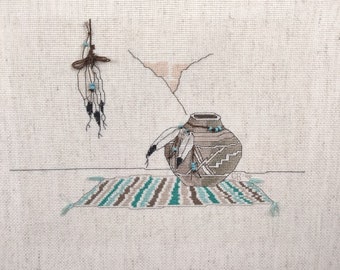 Vintage Embroidery Needlework Native American Scenery 1998 Mounted Art Complete Western Fiber Art Indian
