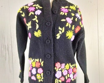 Vintage Cardigan Sweater Large Acrylic Black Embroidered Flowers Made in Korea 1950s Chunky Textured Yellow Colorful Button Up Womens