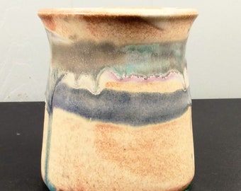 Handmade Stoneware Vase Handpainted Artisan Vintage 4.5 Inch Round Decor Organizer Office Glaze Boho Art Pencil Holder