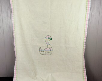 Vintage Fleece Baby Blanket Duck Yellow Satin Plaid Edging 50s 60s Embroidered Crib Throw Boys Girls Neutral Pastel Trim