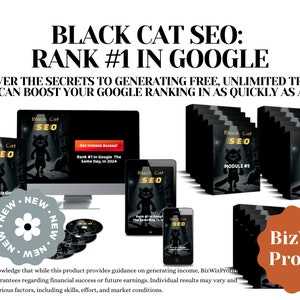 May include: Black Cat SEO: Rank #1 in Google. A digital product with a black cat illustration and the text "Get Instant Access" and "Rank #1 in Google The Same Day, in 2024". The product is offered by BizWiz Profits.