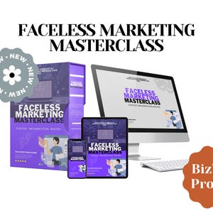 Könnte beinhalten: Ein digitaler Marketingkurs in Lila und Weiß mit dem Titel "Faceless Marketing Masterclass" wird auf einem Computerbildschirm, einem Laptop und einem Tablet angezeigt. Der Kurs wird von BizWiz Profits angeboten.