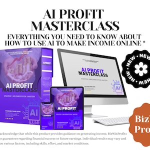 Könnte beinhalten: Ein lila-weißes digitales Produktcover mit dem Text "AI Profit Masterclass" und "Strategie-Implementierung-Meisterschaft". Das Cover zeigt eine Hand, die einen Stapel Goldmünzen hält. Der Text "Alles, was Sie wissen müssen, um mit KI Online-Einkommen zu erzielen*" wird über dem Cover angezeigt.