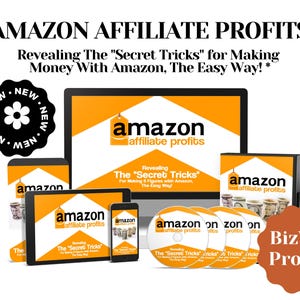 Puede incluir: Una colección de productos digitales que promocionan un programa de afiliados de Amazon llamado "Amazon Affiliate Profits". Los productos incluyen un monitor de computadora, una tableta, un teléfono inteligente y varios CD. Todos los productos presentan el mismo logotipo, que es un diseño amarillo y negro con la palabra "amazon" y la frase "affiliate profits". Los productos están todos sobre un fondo blanco. El texto "BizWiz Profits" se muestra en un círculo naranja grande en la esquina inferior derecha de la imagen.
