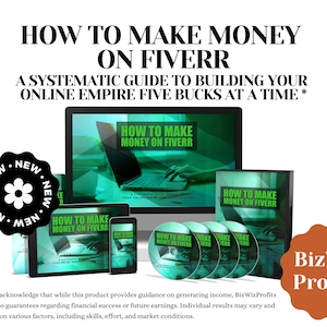 Puede incluir: Una portada de producto digital verde y negro con el texto "How to Make Money on Fiverr" y "A Systematic Guide to Building Your Online Empire Five Bucks at a Time*"  La portada se muestra en una pantalla de computadora, una tableta y un teléfono.  El producto también está disponible en CD.