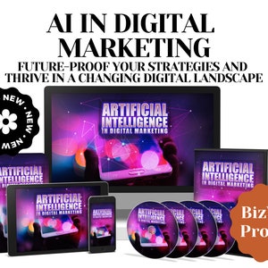 May include: A digital marketing course titled "AI in Digital Marketing: Future-Proof Your Strategies and Thrive in a Changing Digital Landscape." The course includes a computer monitor, a tablet, a smartphone, a book, and a CD. The course is offered by BizWiz Profits.