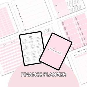 Könnte beinhalten: Ein rosa-weißer druckbarer Finanzplaner mit einem Kalender für 2025, einem Abschnitt für Passwörter und einem Abschnitt für Ziele und Aktionsschritte. Der Planer soll Ihnen helfen, Ihre Finanzen zu verwalten und Ihre finanziellen Ziele zu erreichen.