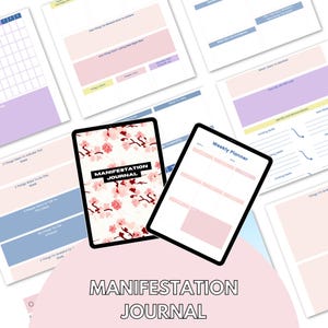 Könnte beinhalten: Ein digitales Manifestationsjournal mit floralem Cover und dem Text "Manifestation Journal". Das Bild zeigt auch einen Wochenplaner und andere Seiten mit Eingabeaufforderungen und Abschnitten für die Zielsetzung und Reflexion. Das Farbschema umfasst Rosa, Blau und Weiß.