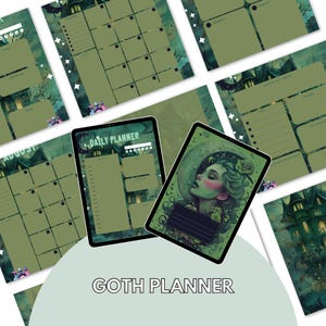 May include: Digital planners with a gothic theme in dark green and teal. The planners feature illustrations of a woman with green hair and a moon background. One tablet displays "Daily Planner". The words "GOTH PLANNER" are also visible in white text.