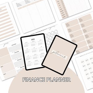 Könnte beinhalten: Ein druckbarer Finanzplaner mit einem Kalender für 2025, Zielsetzungsseiten und einem Passwort-Tracker. Der Planer ist minimalistisch gestaltet und hat einen beigefarbenen Hintergrund mit schwarzem Text.