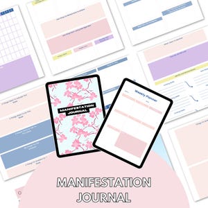 Könnte beinhalten: Ein digitales Manifestationsjournal mit floralem Design und den Worten "Manifestation Journal" in Schwarz. Das Journal wird auf einem Tablet zusammen mit anderen Planungsseiten in Pastellfarben angezeigt. Das Gesamtthema ist Selbstverbesserung und Zielsetzung.