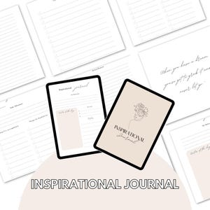 Könnte beinhalten: Ein inspirierendes Journal mit beigem Einband, das eine Strichzeichnung eines Frauengesichts mit Blumen zeigt. Das Journal enthält linierte Seiten und Aufforderungen zur täglichen Reflexion. Auf dem Einband steht "Inspirational Journal".