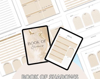 May include: Digital printable pages with a beige and white color scheme. The pages include templates for ingredients, rituals, and personal goals. The text "BOOK OF SHADOWS" is displayed on a tablet screen.