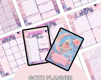 May include: A selection of pink and purple goth-themed planner pages and digital tablets. One tablet shows a daily planner layout, while the other features a woman with blue hair and a rose. The text "GOTH PLANNER" is at the bottom.