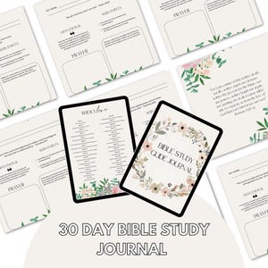 Könnte beinhalten: Ein 30-tägiges Bibelstudientagebuch mit floralem Design. Das Tagebuch enthält tägliche Bibellesungen, Andachtsanregungen und Platz zum Beten. Der Umschlag zeigt den Text "Bible Study Guide Journal".