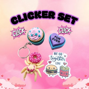 Valentine's Day Fidget Clicker 3 Pack with Cute Sticker | Cupcake keychain with Donut Spider and Conversation Heart Clicker | Stim Toy