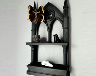 Gothic Cathedral Style Shelf | Miniature Black Altar Shelf for Curios, Crystals and Oddities Wall Display | Halloween Witchy Decor Stand