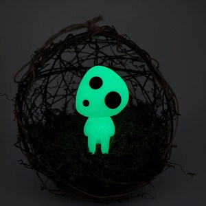 K&ouml;nnte beinhalten: Eine leuchtend gr&uuml;ne, pilzf&ouml;rmige Figur mit drei schwarzen, kreisf&ouml;rmigen Punkten. Die Figur befindet sich in einem gewebten, kreisf&ouml;rmigen Nest, das mit gr&uuml;nem Moos gef&uuml;llt ist. Der Hintergrund ist dunkel.