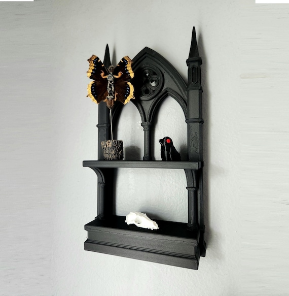 Gothic Cathedral Style Shelf | Miniature Black Altar Shelf for Curios, Crystals and Oddities Wall Display | Halloween Witchy Decor Stand