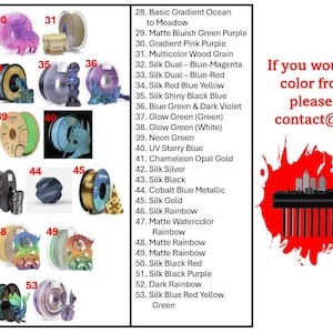 May include: A chart of 53 different colors of filament for 3D printing. The colors are arranged in rows and columns, and each color is labeled with a number. The chart also includes a description of each color, such as "Basic Gradient Ocean to Meadow" or "Silk Black".