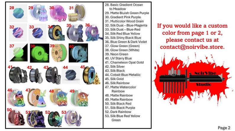 May include: A chart of 53 different colors of filament for 3D printing. The colors are arranged in rows and columns, and each color is labeled with a number. The chart also includes a description of each color, such as "Basic Gradient Ocean to Meadow" or "Silk Black".
