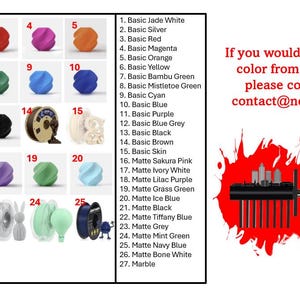 May include: A chart showing 27 different colors of filament for 3D printing. The colors are arranged in a grid with numbers 1 through 27. The colors include jade white, silver, red, magenta, orange, yellow, bamboo green, mistletoe green, cyan, blue, purple, blue grey, black, brown, skin, sakura pink, ivory white, lilac purple, grass green, ice blue, black, tiffany blue, grey, mint green, navy blue, bone white, and marble.