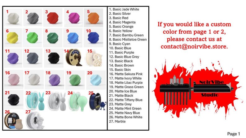 May include: A chart showing 27 different colors of filament for 3D printing. The colors are arranged in a grid with numbers 1 through 27. The colors include jade white, silver, red, magenta, orange, yellow, bamboo green, mistletoe green, cyan, blue, purple, blue grey, black, brown, skin, sakura pink, ivory white, lilac purple, grass green, ice blue, black, tiffany blue, grey, mint green, navy blue, bone white, and marble.