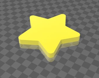 May include: A bright yellow star-shaped object with a 3D effect. The star is on a gray checkered background.