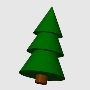 Puede incluir: Ilustración de un árbol de Navidad verde estilizado con tres niveles y un tronco marrón. El árbol es un diseño simple y geométrico, ideal para manualidades y decoraciones navideñas.