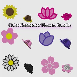 Puede incluir: Una colección de diseños florales estilizados y coloridos en varias formas y colores, incluyendo girasoles, margaritas y flores de loto. El texto "Cube Connector Flowers Bundle" se muestra encima de las flores.