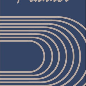 May include: A blue planner cover with the word "Planner" in a light brown cursive font. The background features a pattern of seven light brown semi-circles.
