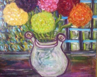 Original acrylic painting on canvas board, "Summer Hydrangeas", beautiful colorful, vibrant painting, wonderful style, 18" x 24"