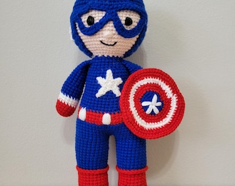 Crochet Captain America - Amigurumi - attachment doll - tender stuffed animal, Captain America with Shield, Crochet toy, Comics Superhero