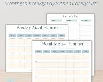 Weekly & Monthly Meal Planner |  Grocery List | Printable PDF | Instant Download