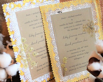 Rustic Yellow Fabric Handmade Wedding Invitations // Vintage Yellow Wedding Invitation // Bohemian Wedding Invitation