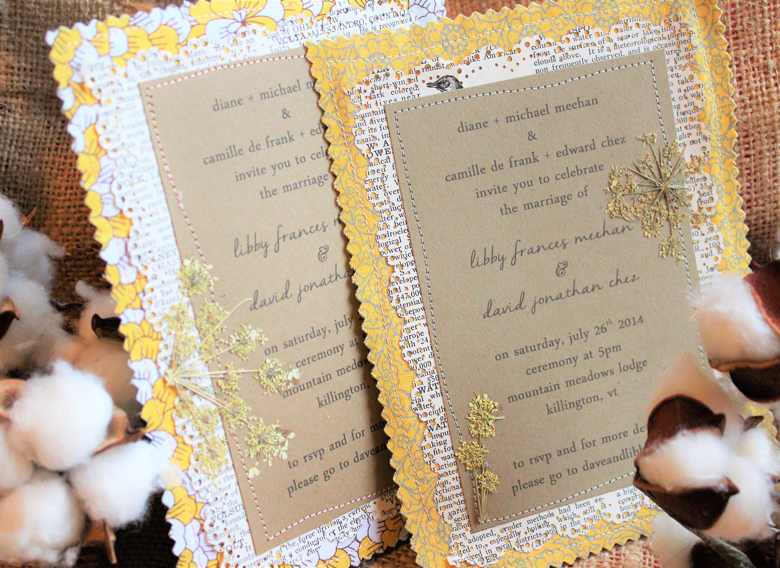Rustic Yellow Fabric Handmade Wedding Invitations // Vintage Etsy