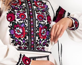 Ukrainian Vyshyvanka Linen Dress, White Floral Embroidered Boho Midi Dress
