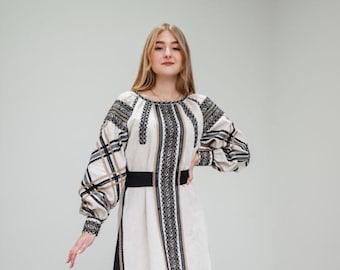 Ukrainian Linen Vyshyvanka Dress, Boho Embroidered Midi Dress