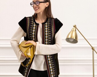 Waistcoat for Women, Traditional Overcoat, Folklore Wool Vest with Lace, Concert Outfit or Evening Style, Plus Size Fall and Winter Clothing