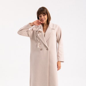 Wool Coat, Hand Embroidered Bridal Jacket, Elegant Beige Trench Coat, Long Winter Overcoat, Plus Size Boho Coat, Folklore Wool Trenchcoat