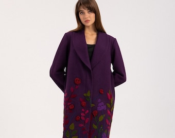 Handmade Purple Wool Coat, Floral Embroidery, Oversized Winter Jacket