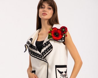 Handmade Embroidered Wool Vest, Ukrainian Folk Waistcoat, Boho Festival Clothing