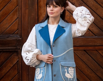 Blue Wool Vest with Hand Embroidered Bird Design, Plus Size Custom Jacket, Perfect for Fall and Winter, Unique Folklore Cardigan for Women