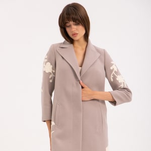 Trench Wool Coat, Women&#39;s Cashmere Overcoat, Oversized Floral Boho Opera Coat, Vintage Beige Plus Size, Custom Embroidery, Unique Wool Coat