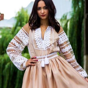Ukrainian Linen Vyshyvanka Dress – Embroidered Slavic Maxi, Modest Summer Beige Dress, Custom Caramel Folk Clothing