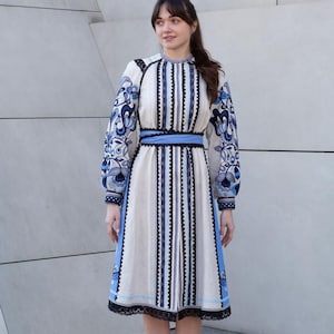 Linen Vyshyvanka Dress, Slavic Embroidered Midi, Custom Boho Style, White Embroidered Dress, Bohemian Floral Linen Dress, Bohemian Dress