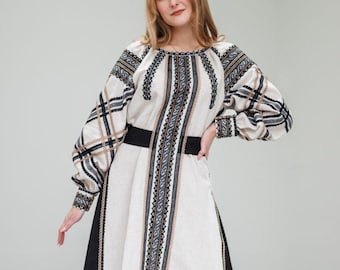 Embroidered Linen Dress, Boho Midi Outfit, Ukrainian Vyshyvanka Clothing, Cottagecore Summer Dress